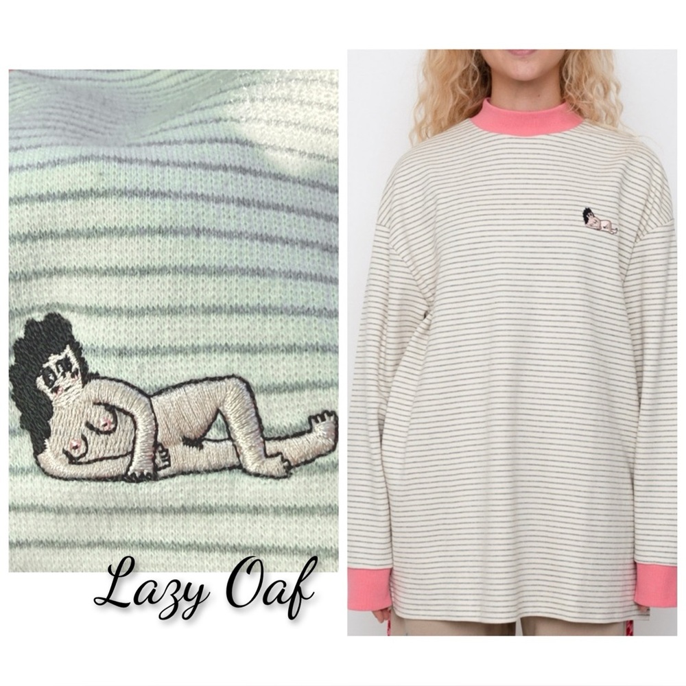 Small hole * Lazy Oaf | Naked Lady Striped Cream and Pink Sweater